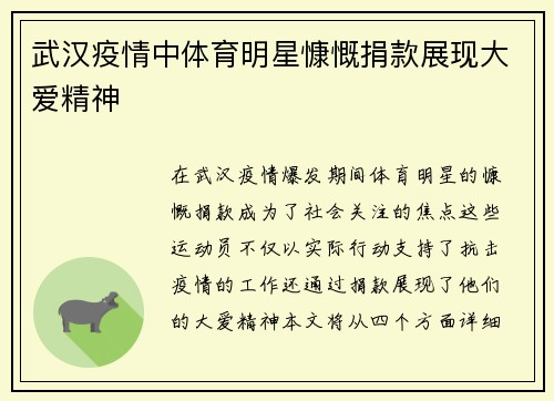 武汉疫情中体育明星慷慨捐款展现大爱精神